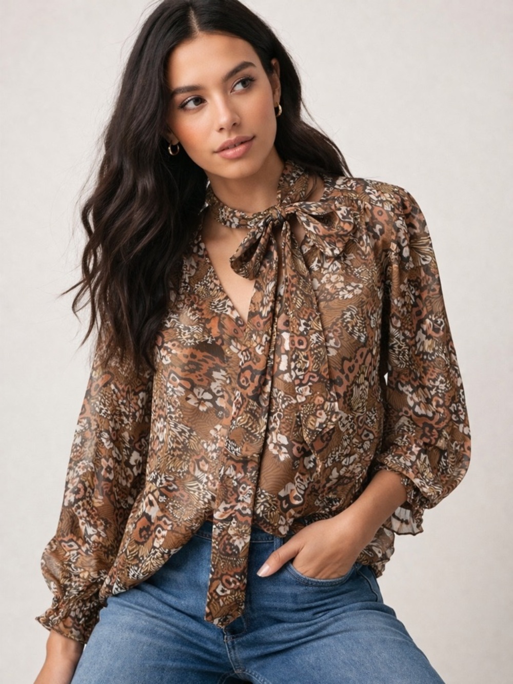 PAIGE 100% Silk Butterfly Print Blouse Brown Cream Neck Tie XS Boho Chic